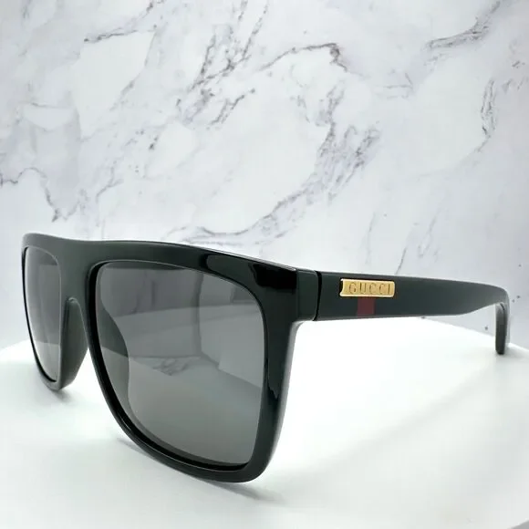 New GUCCI Sunglasses Black Square Aviator Gold Plate Engraved Logo Web Arm GUCCI